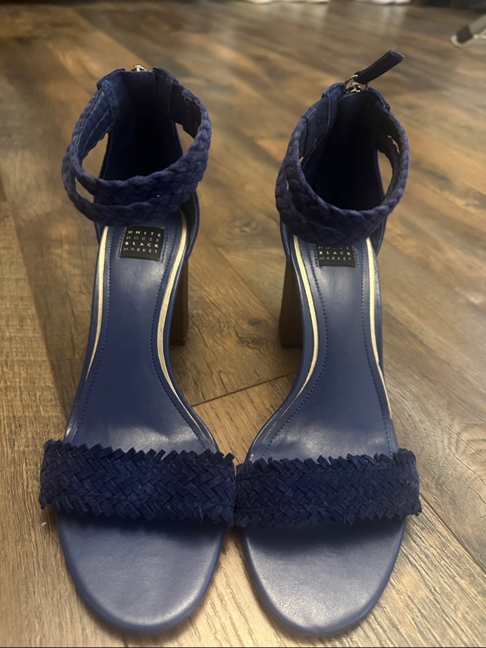 White House Black Market Deep Navy Braided Ankle-Strap Heels